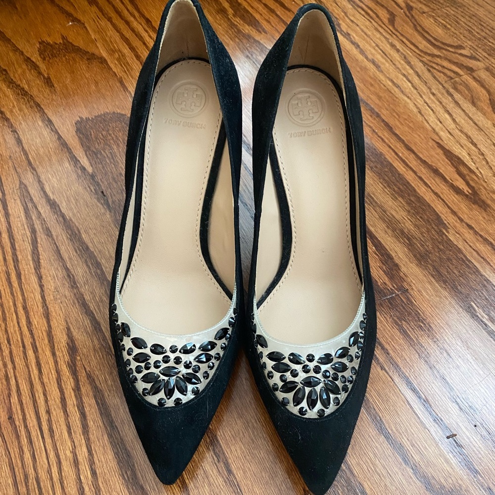 Tory Burch Delphine Embellished Pumps in black suede US Size 9.5 M